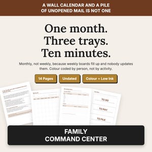 Family Command Center Printable, Undated Monthly Wall Calendar and Weekly Board, Mail Station Tray Labels and Chore Rotation, Letter A4