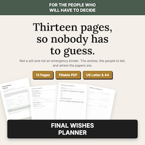 May include: A digital final wishes planner document with thirteen pages, featuring fillable PDF fields, available in US Letter and A4 sizes. The text reads: For the people who will have to decide, Thirteen pages, so nobody has to guess.