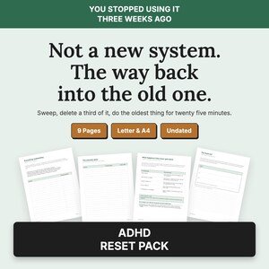 Może przedstawiać: Cyfrowy zestaw planera zatytułowany ADHD RESET PACK zawierający cztery białe strony z liniowanymi sekcjami i nagłówkami. Tekst brzmi: YOU STOPPED USING IT THREE WEEKS AGO, Not a new system. The way back into the old one. Sweep, delete a third of it, do the oldest thing for twenty five minutes. 9 Pages, Letter & A4, Undated.