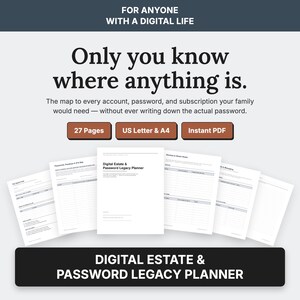 Pode incluir: Um conjunto de documentos de planeamento de legado digital e palavras-passe com 27 páginas em tamanhos US Letter e A4. O texto diz: FOR ANYONE WITH A DIGITAL LIFE, Only you know where anything is, e Digital Estate & Password Legacy Planner.