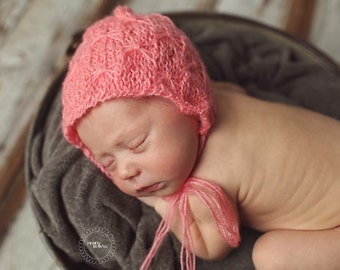 Knitted Coral Mohair Newborn Bonnet - Ready to Ship