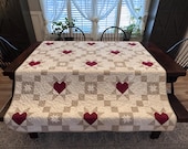 Handmade Cotton Quilt - Starry Hearts Pattern, Neutral and Red Colors