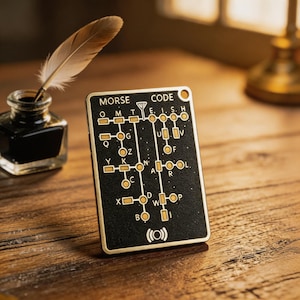 May include: A rectangular black metal card featuring a gold-colored Morse code chart with letters and lines. The text MORSE CODE is printed at the top, and a radio signal icon is at the bottom. A small hole is located in the top right corner.