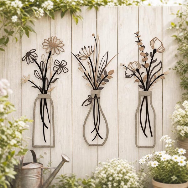 3Pcs Neutral Metal Yard Art, Rustic Outdoor Garden Wall Decor, Beige Farmhouse Patio Accent, Country Fence Hanging Sign, Gardener Gift