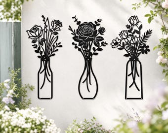 3Pcs Black Metal Rose Yard Art, Weather-Resistant Outdoor Garden Fence Decor, Modern Farmhouse Patio Hanging Sign, Housewarming Gift