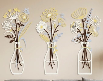 3-teiliges Wandbild-Set aus weißen Metallvasen mit Blumenmotiv, romantische minimalistische Galerie-Dekoration mit dem Schriftzug „Ich liebe dich“, skulpturale Hängedekoration, Geschenk für Kunstsammler