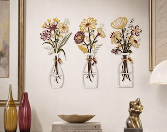 3 paneles de arte mural floral de metal blanco, decoración moderna abstracta para galería, elegante acento burdeos mostaza para sala de estar, regalo para amantes del arte