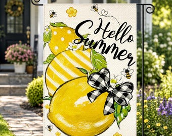 Double Sided Lemon Garden Flag 12x18 Inch, Hello Summer Yard Flag, Bee Farmhouse Porch Decor, Summer Outdoor Flag