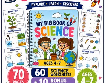May include: A spiral-bound educational workbook titled My Big Book of Science for ages 4-7. The cover features two children with lab coats, a plant, and a globe. The page includes 70 pages, 60 science worksheets, 10 bonus activities, and illustrations of plants, animals, weather, and scientific tools.