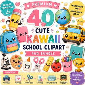 May include: A digital collection of 40 kawaii school-themed clipart illustrations featuring a pencil, globe, school bus, backpack, notebook, microscope, paint palette, glue, scissors, ruler, apple, pencil cup, and trophy, all with smiling faces.