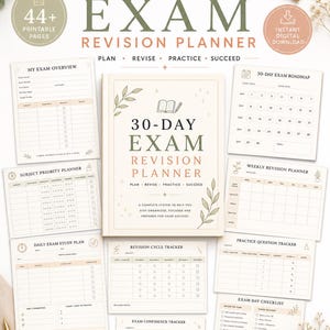 May include: A 30-day exam revision planner set featuring a central cover page with the text 30-DAY EXAM REVISION PLANNER, surrounded by various printable pages including an exam overview, roadmap, subject priority planner, and study trackers.