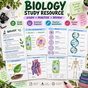 Op de afbeelding: Een biologie studiemateriaalset met educatieve bladen over plant- en diercellen, mitose, DNA-structuur, het menselijk hart, fotosynthese en het skelet, inclusief gelabelde diagrammen en aantekeningen op een witte achtergrond.