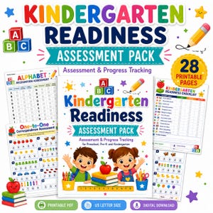 May include: A Kindergarten Readiness Assessment Pack featuring 28 printable pages. The cover displays a boy and girl with books, a pencil, and an apple. Included are alphabet recognition, one-to-one correspondence, and progress tracking checklists.