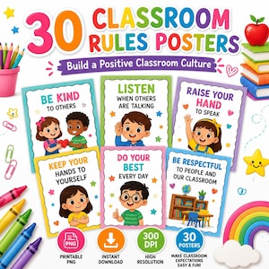30 Classroom Rules Posters | Rainbow Preschool Kindergarten Decor (Digital Download)