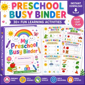 May include: A preschool busy binder learning kit featuring a purple binder cover with a rainbow, sun, and school supplies. The set includes printable activity sheets for alphabet, number, shape, weather, and vegetable matching exercises.