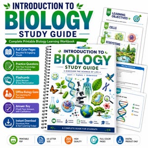 Può includere: Un quaderno di esercizi a spirale intitolato Introduction to Biology Study Guide, con una copertina bianca che presenta illustrazioni a colori di un microscopio, un filamento di DNA, un globo, una pianta e cellule animali.