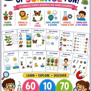 May include: A 70-page science workbook for children ages 4-7 titled 70 Pages of Science Fun. The cover features colorful illustrations of a microscope, lightbulb, beaker, and children in lab coats, alongside worksheets on plants, animals, weather, and STEM.