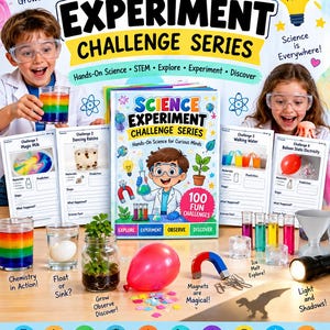 May include: A Science Experiment Challenge Series book set featuring a central activity book, four experiment instruction sheets, a red balloon, a horseshoe magnet, paperclips, test tubes with coloured liquids, a torch, and a plant in a jar.