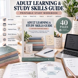 Studiehandledning för vuxna, utskrivbar studiearbetsbok på 40 sidor, produktivitetsplanerare för universitetsstudenter, verktygslåda för tentamensförberedelser