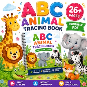 May include: A spiral-bound ABC Animal Tracing Book featuring colourful illustrations of a giraffe, lion, crocodile, elephant, zebra, and fox. The cover displays the title, 26+ pages, and printable PDF text. The design includes icons for A-Z animals, uppercase and lowercase letters, and fine motor skills.