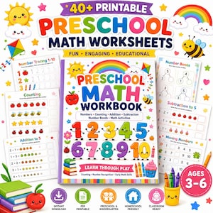 Peut inclure: Une collection de fiches d'exercices de mathématiques préscolaires imprimables et un cahier d'exercices avec des illustrations colorées de nombres, fruits, insectes et arcs-en-ciel. Le texte inclut 40+ PRINTABLE PRESCHOOL MATH WORKSHEETS et AGES 3-6.