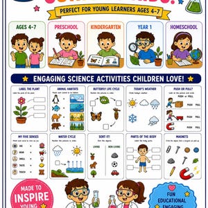 May include: An educational science workbook page titled MADE FOR CURIOUS KIDS! featuring colorful illustrations of children, a microscope, and a lightbulb. It includes activities like labeling plant parts, animal habitats, the butterfly life cycle, and body parts.