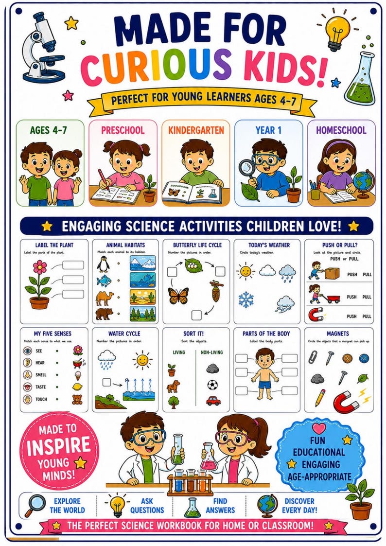 May include: An educational science workbook page titled MADE FOR CURIOUS KIDS! featuring colorful illustrations of children, a microscope, and a lightbulb. It includes activities like labeling plant parts, animal habitats, the butterfly life cycle, and body parts.