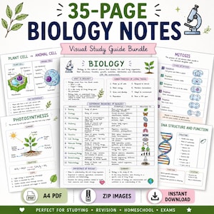 Peut inclure: Un ensemble de 35 pages de notes de biologie comprenant des illustrations sur les cellules végétales et animales, la mitose, la photosynthèse et la structure de l'ADN. Les pages incluent des schémas, des tableaux et du texte organisé.