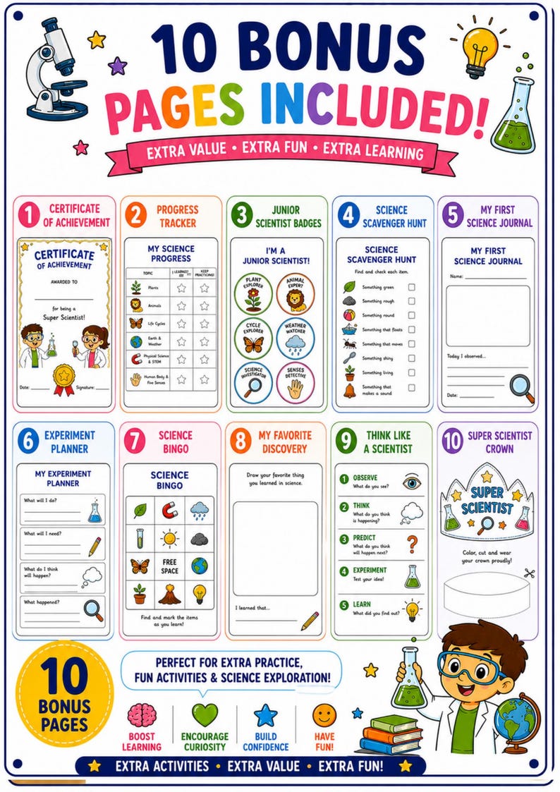 May include: A colorful educational poster titled 10 BONUS PAGES INCLUDED! featuring ten numbered science-themed activity sheets including a certificate, progress tracker, badges, scavenger hunt, journal, planner, bingo, discovery page, and crown.