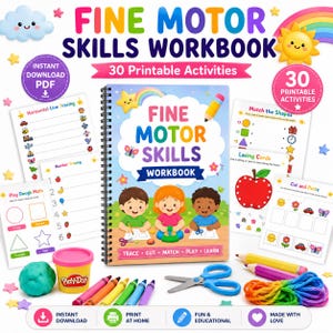 Cahier d'activités de motricité fine pour enfants d'âge préscolaire | Dessin au trait, découpage, pâte à modeler (Téléchargement PDF)