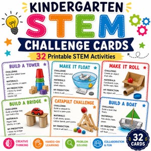 Puede incluir: Un conjunto de 32 tarjetas de desafío STEM imprimibles con texto e ilustraciones coloridas. Cada tarjeta muestra una actividad específica como construir una torre, un puente o un barco, con secciones para el desafío, materiales y predicciones.