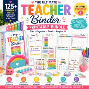 Peut inclure: Un ensemble de classeur pour enseignant à imprimer comprenant un classeur coloré avec un motif arc-en-ciel et le texte My Teacher Binder. Inclut divers modèles de plans de cours, données d'élèves, gestion de classe, stylos et ruban adhésif.