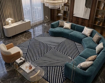 Handmade Geometric Tufted Rug, Modern Black Area Rug, Abstract Diamond Pattern Carpet