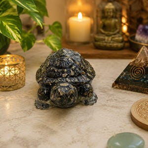 Hand Carved Pyrite Orgonite Turtle: Wealth Protection Stone Decor