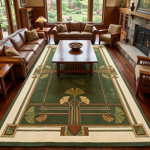 Hand Tufted Nouveau Green Wool Area Rug | Traditional Ginkgo leaf Botanical Border Rug | Classic Floral Rug for living room, bedroom, floor