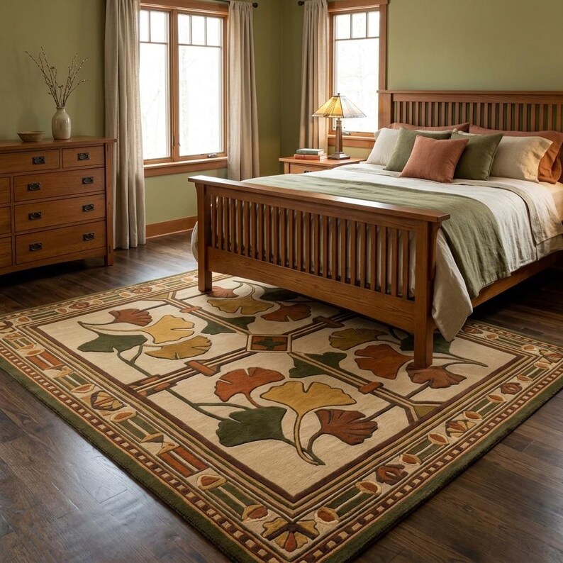 Classic Rug Pattern Background Ginkgo Botanical Hand Tufted Wool Area Rug | Beige Vintage Floral Rug ...