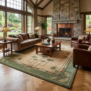May include: A large rectangular area rug featuring a beige centre and a wide green border. The rug is decorated with stylised ginkgo leaf motifs in green and brown, arranged in a geometric pattern across the surface and along the edges.