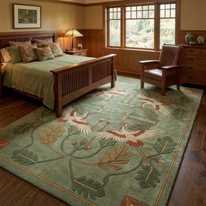 Puede incluir: Una alfombra rectangular grande con fondo verde salvia y un patrón repetitivo de grullas blancas y marrones en vuelo, rodeadas de hojas de roble y bellotas estilizadas. La alfombra tiene un borde marrón oscuro y una textura suave.