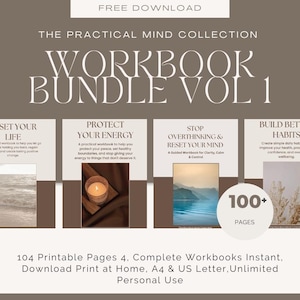 Puede incluir: Un paquete de cuadernos de trabajo digitales titulado The Practical Mind Collection Workbook Bundle Vol 1, que incluye cuatro guías: Reset Your Life, Protect Your Energy, Stop Overthinking & Reset Your Mind y Build Better Habits. Contiene más de 100 páginas, formatos A4 y US Letter.