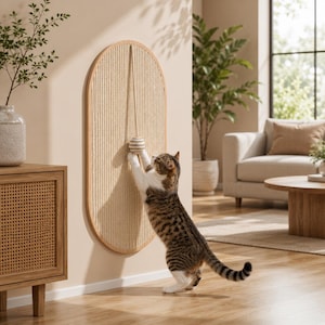 Puede incluir: Un rascador para gatos ovalado montado en la pared con una textura de sisal beige claro y un marco de madera. Una pequeña pelota a rayas cuelga de una cuerda unida a la parte superior del tablero, con la que un gato atigrado juega estirándose.