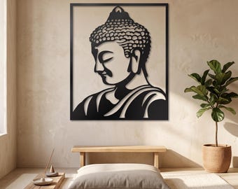 Arte de parede de Buda em metal, decoração preta para sala de meditação zen e estúdio de ioga.