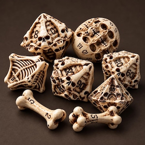 May include: A set of seven polyhedral dice and two bone-shaped dice with an off-white, aged bone finish. The dice feature intricate sculpted details including human skulls and rib cage patterns, with black numerical markings etched into the surfaces.