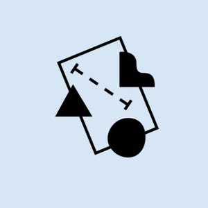 May include: A black graphic icon on a light blue background featuring a tilted rectangle outline containing a dashed measurement line, a solid black triangle, a solid black circle, and a solid black abstract shape with a curved edge.