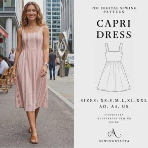 May include: A PDF digital sewing pattern for a Capri dress. The image shows a person wearing a light pink midi dress with vertical stripes, thick straps, and a fitted bodice. Text includes: PDF DIGITAL SEWING PATTERN CAPRI DRESS SIZES: XS, S, M, L, XL, XXL AO, A4, US.