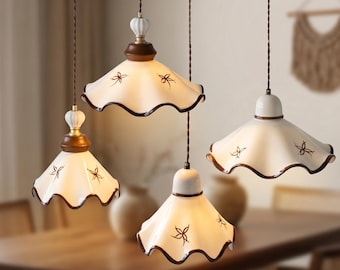 White Ceramic Pendant Light, Mid Century Modern French Japandi Style Hanging Lamp