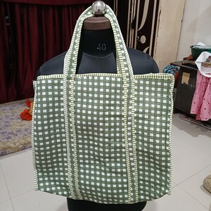 Handmade Quilted Cotton Tote Bag, Green Gingham Checkered Bag, Large Aesthetic Shopper Bag, Eco-Friendly Weekender Bag, Cotton Beach Bag