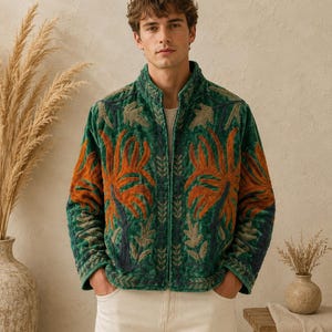 Könnte beinhalten: Eine langärmelige Jacke aus smaragdgrünem Samt mit Stehkragen und durchgehendem Reißverschluss. Die Jacke ist mit aufwendigen, erhabenen Stickereien in den Farben gebranntes Orange, Dunkelblau und Salbeigrün in einem floralen Muster verziert.