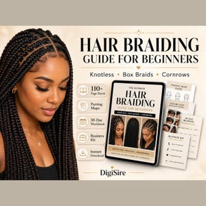 Peut inclure: Un guide numérique de tressage de cheveux pour débutants comprenant un ebook de plus de 110 pages, des cartes de séparation, un cahier d'exercices de 30 jours et un kit professionnel. Le titre indique Hair Braiding Guide for Beginners.