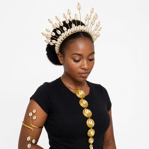 Genuine Cowrie Shell Necklace, Armlet, Crown Set – African Cultural Jewelry