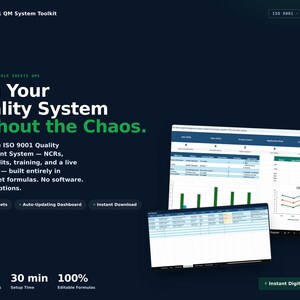 May include: A digital ISO 9001 Quality Management System toolkit for Excel and Google Sheets. The dark background features white and green text, including the title Run Your Quality System Without the Chaos, and displays spreadsheet dashboard previews.